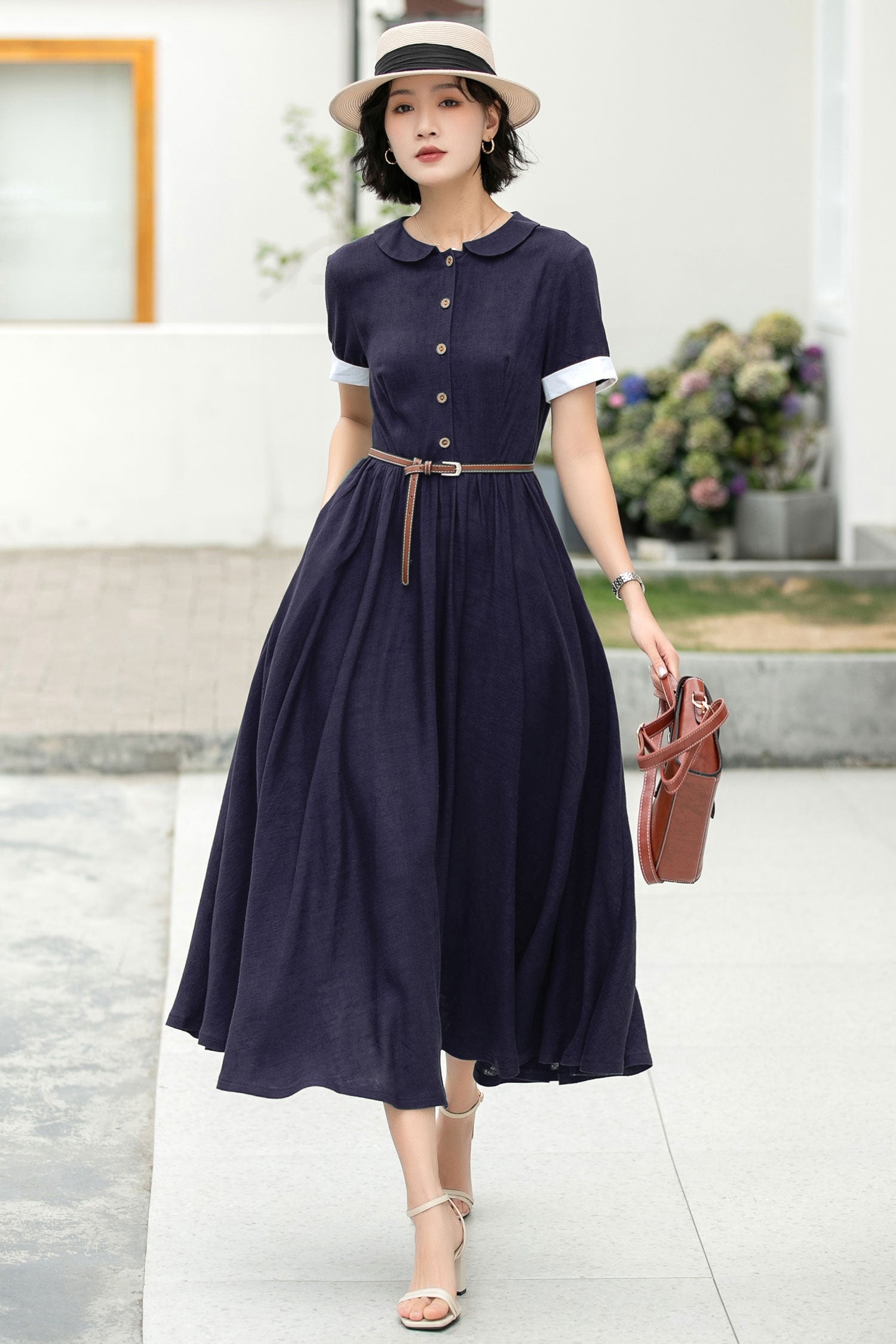Linen Cotton Midi Shirt Dress - Peter Pan Collar Button | Xiaolizi 6048