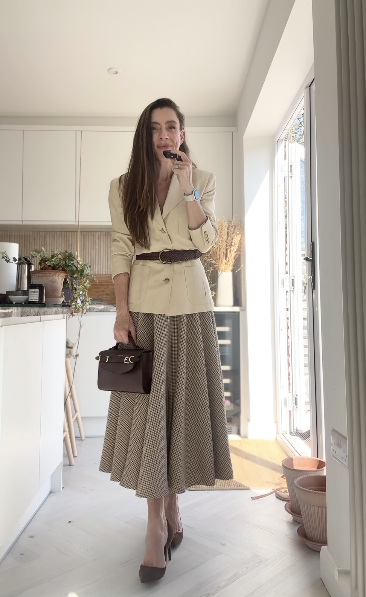 Beige Plaid Cotton A-Line Skirt - Cotton Circle Skirt with Pockets 6947