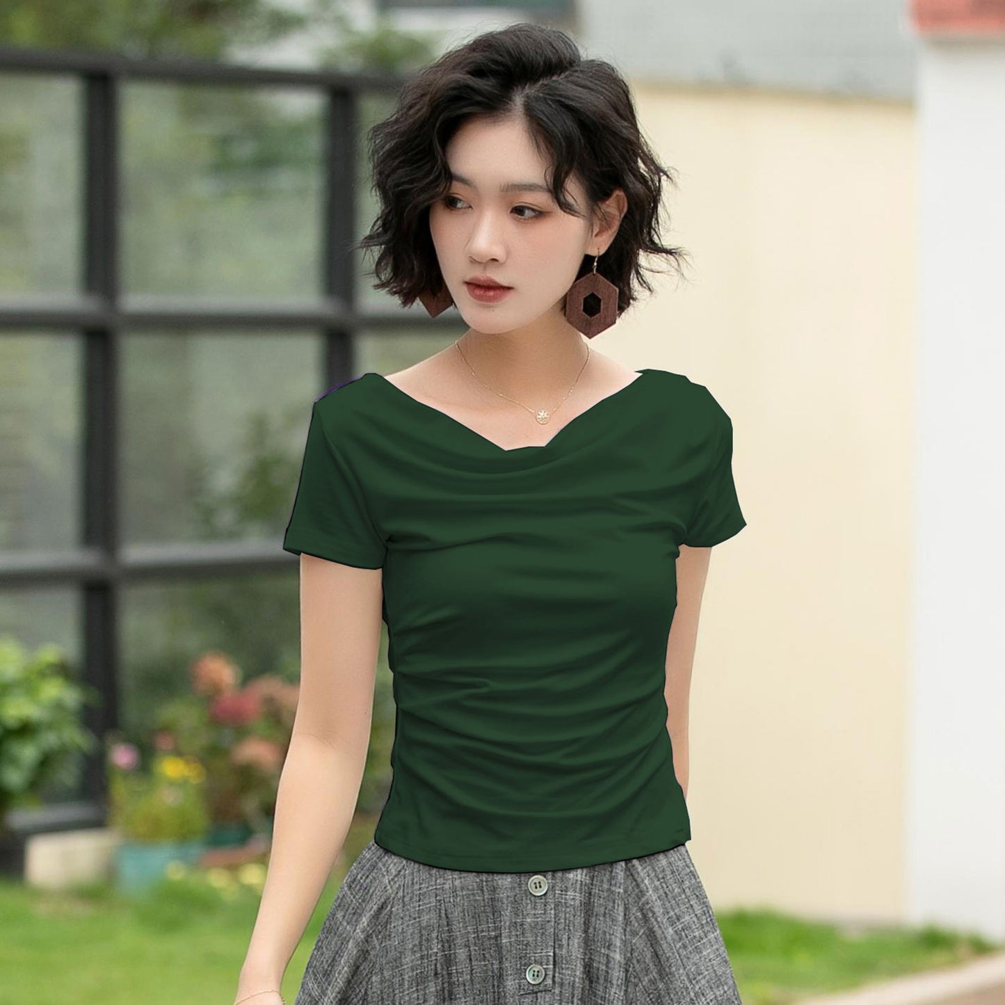 White Cotton Knit Top - Draped Neckline, Slim Fit 6057