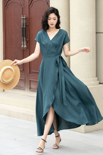 Handmade Linen Wrap Dress | Rust Orange Midi 4287