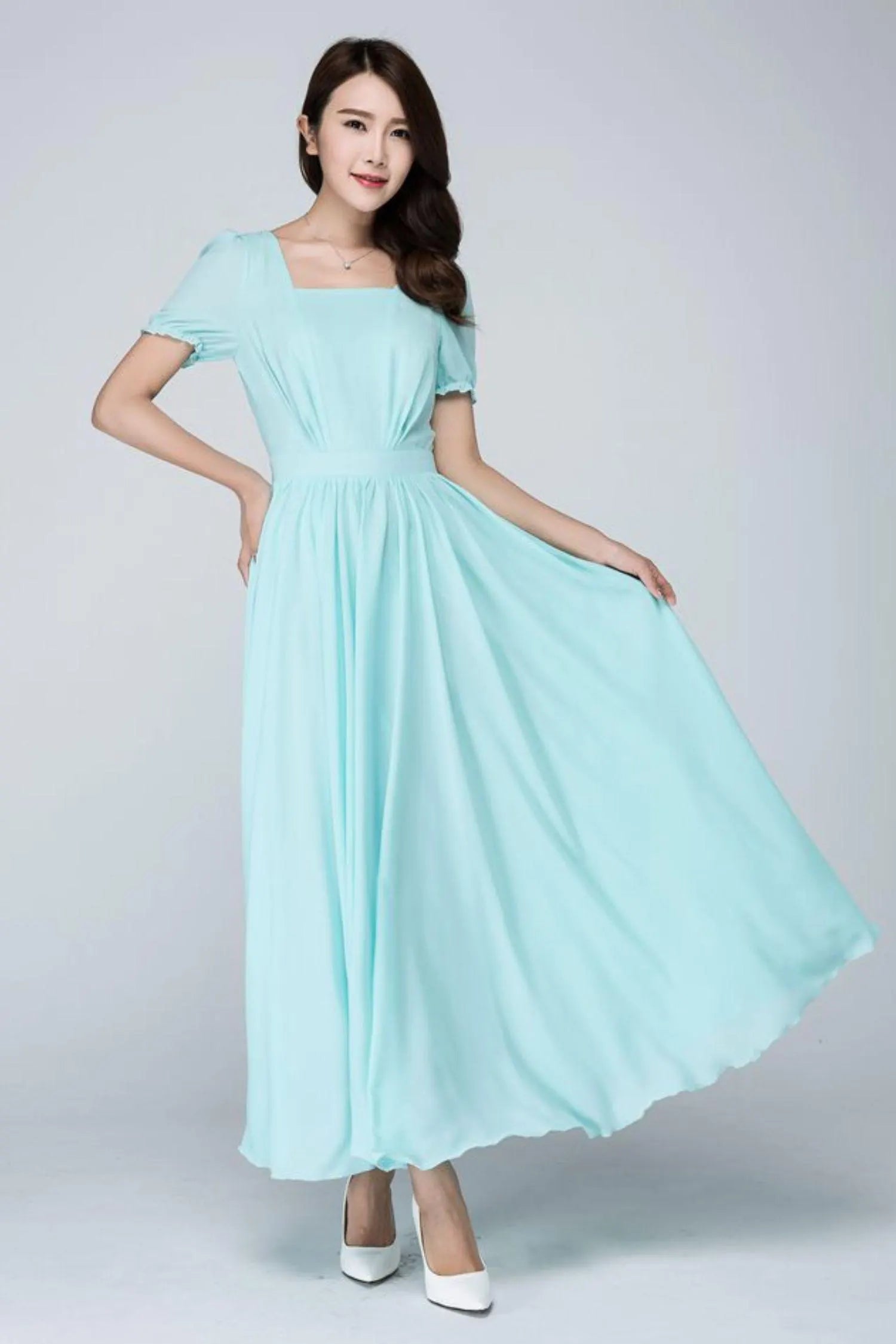 Mint Blue Chiffon Maxi Dress with Square Neck and Puff Sleeves 1550 Blue / S