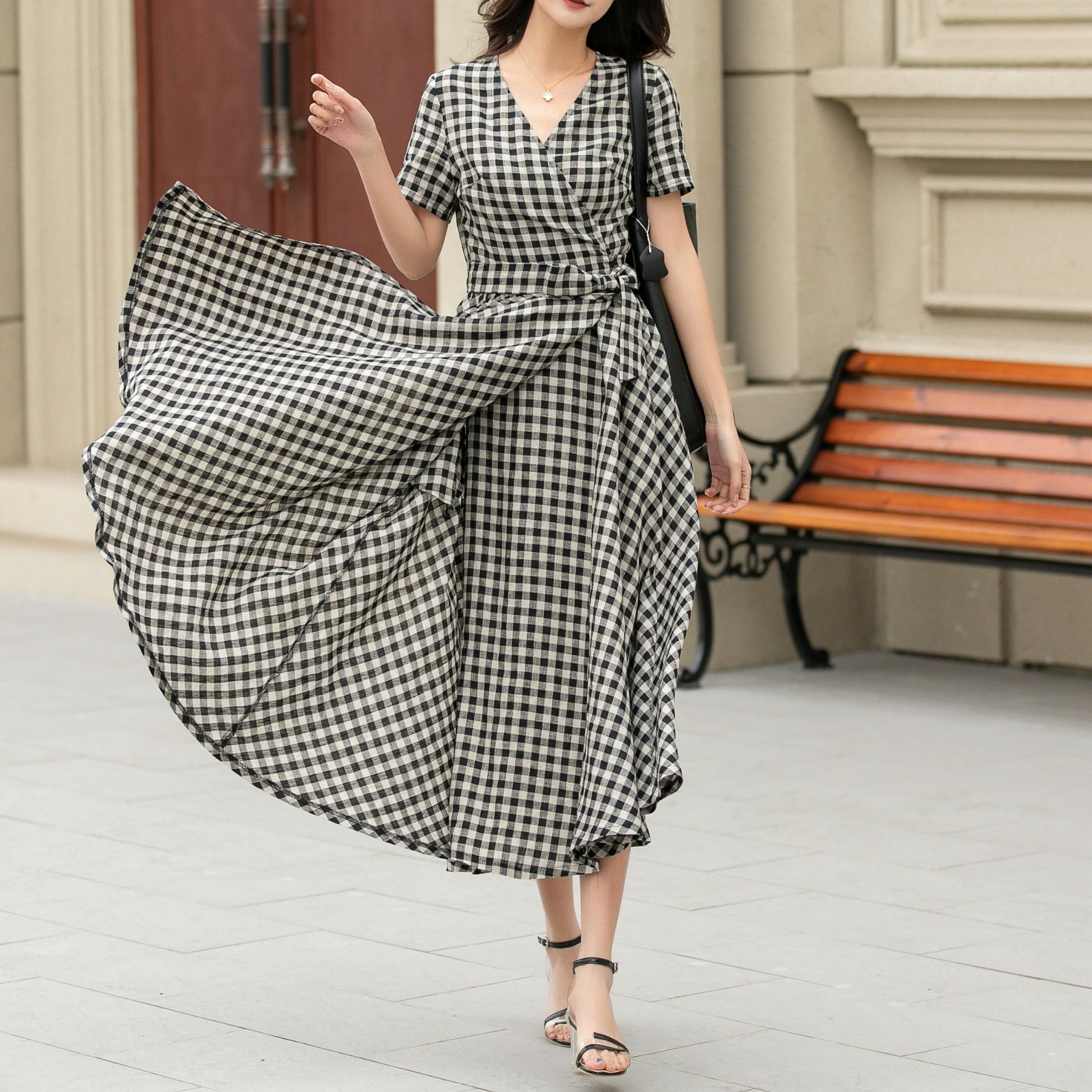 plaid wrap dress Black and white summer plaid linen wrap dress 4948 – Xiaolizi