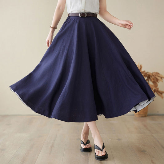 A line navy blue swing midi linen skirt 4971