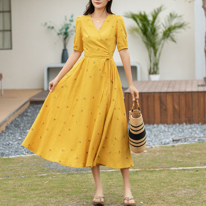 Yellow Cotton Linen Wrap Midi Dress - Floral Embroidery V-Neck | Xiaolizi 4947