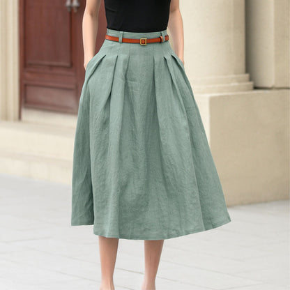 Pleated green midi summer linen skirt 4958