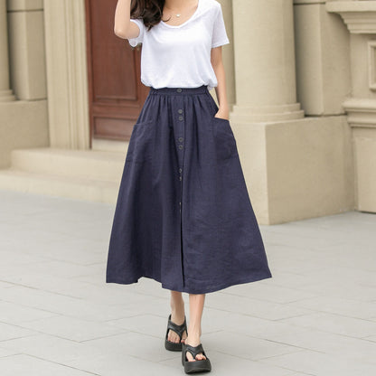 Button up midi summer linen skirt 4944