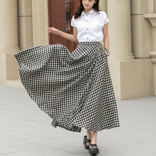 Plaid maxi swing wrap linen skirt 4946