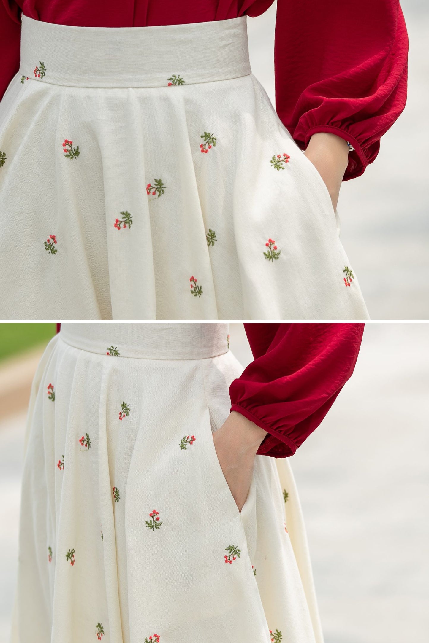 Floral Linen Cotton Midi Skirt - High Waist Circle Swing | Xiaolizi 6050