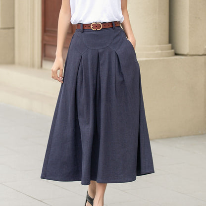 Blue long linen skirt with pockets 4943