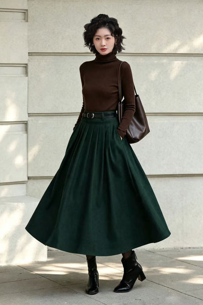 Brown Wool Midi Skirt - High Waist Pleated A-Line with Belt 6920