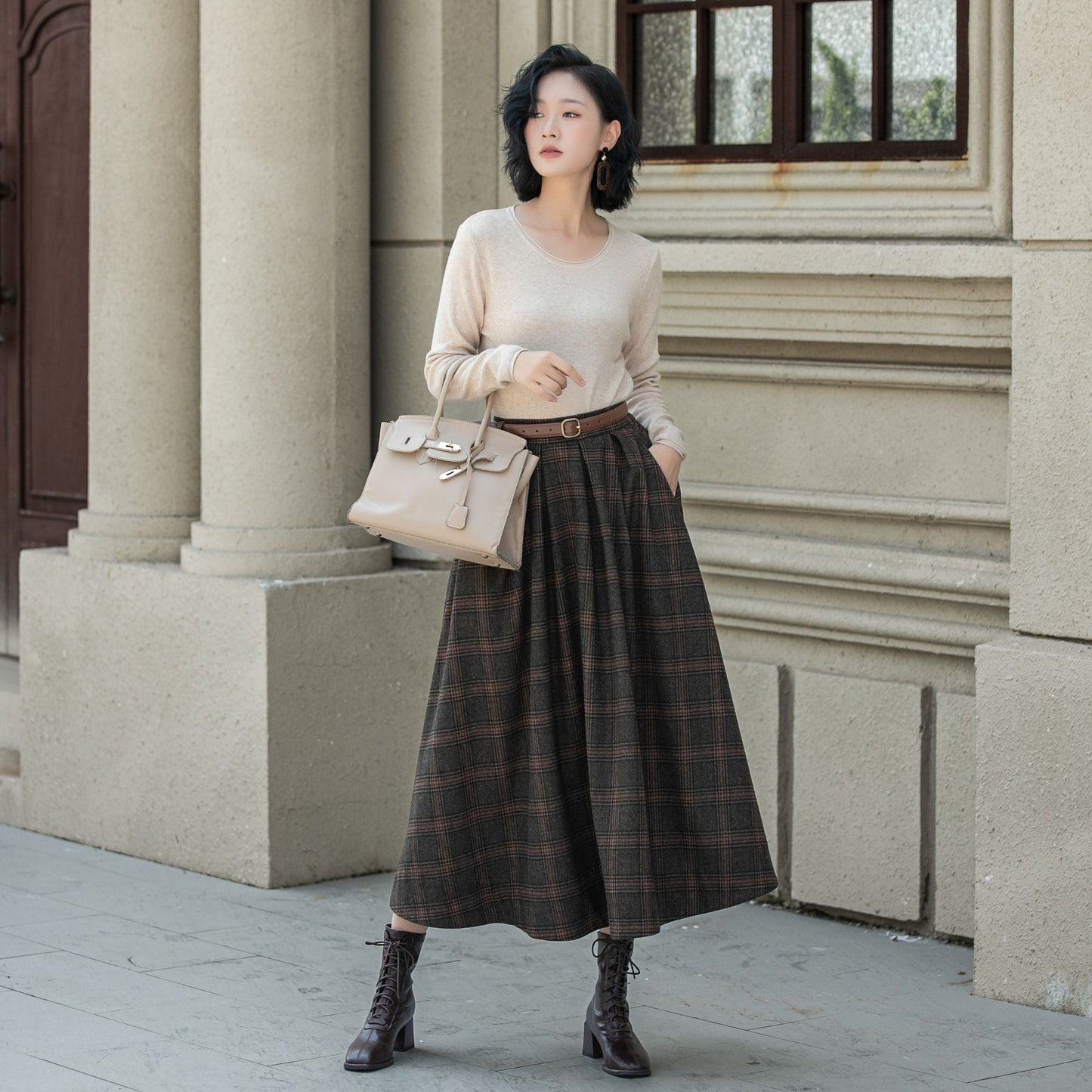 A line plaid midi winter wool skirt 5315