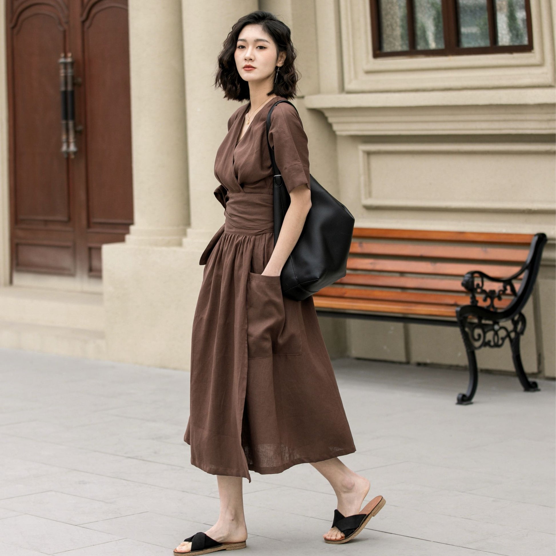 Fit and flare brown midi linen dress 4957 Xiaolizi Fit and flare brown midi linen dress 4957 Xiaolizi