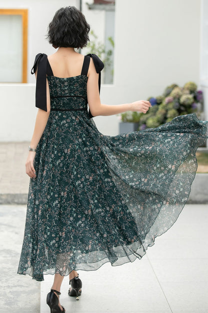 Deep Green Chiffon Maxi Dress - Bow-Tie Straps A-Line Floral 6052