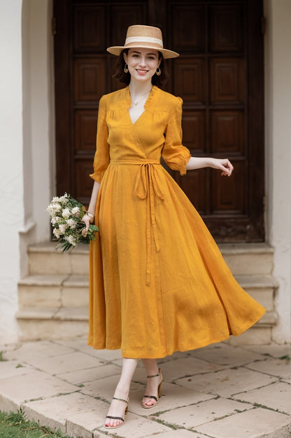 Yellow linen wrap dress with belted 5684