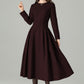 Handmade Black Wool Blend Midi Dress – Elegant Pleated Fit & Flare with Long Sleeves 6524