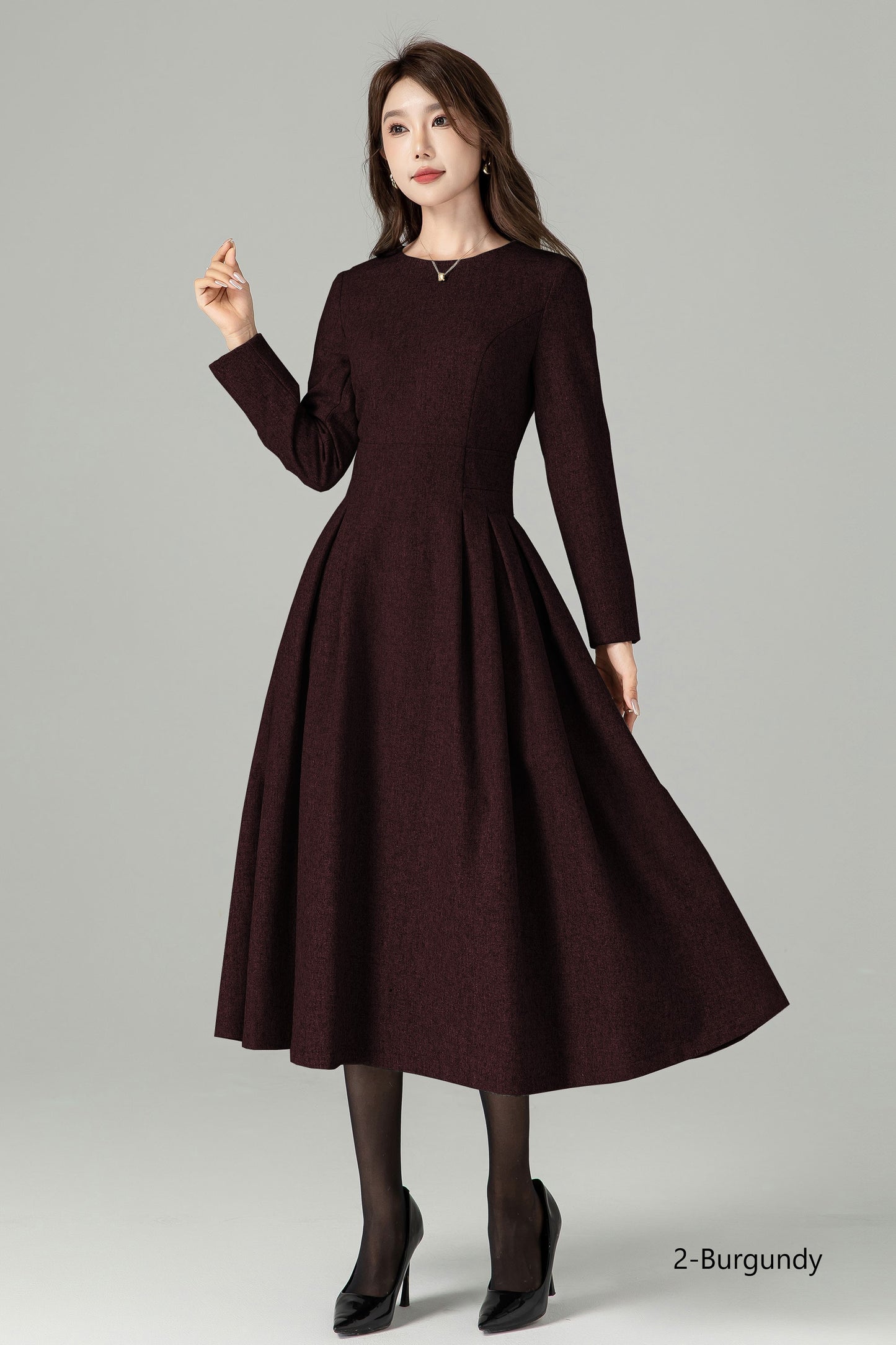 Handmade Black Wool Blend Midi Dress – Elegant Pleated Fit & Flare with Long Sleeves 6524