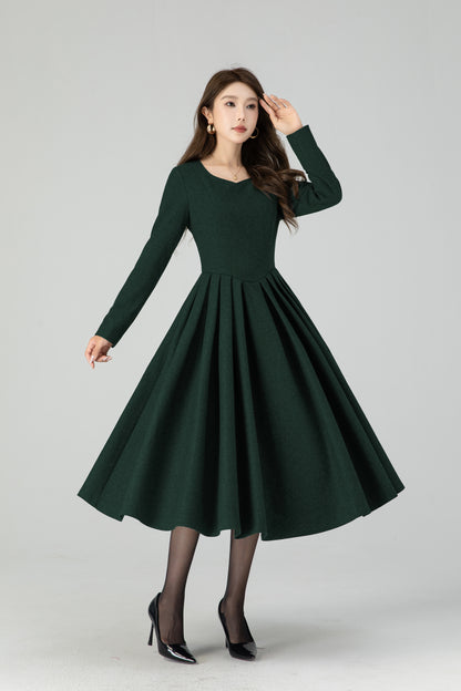 Winter Wool Midi Dress – Women’s Fit and Flare Long Sleeve 5501