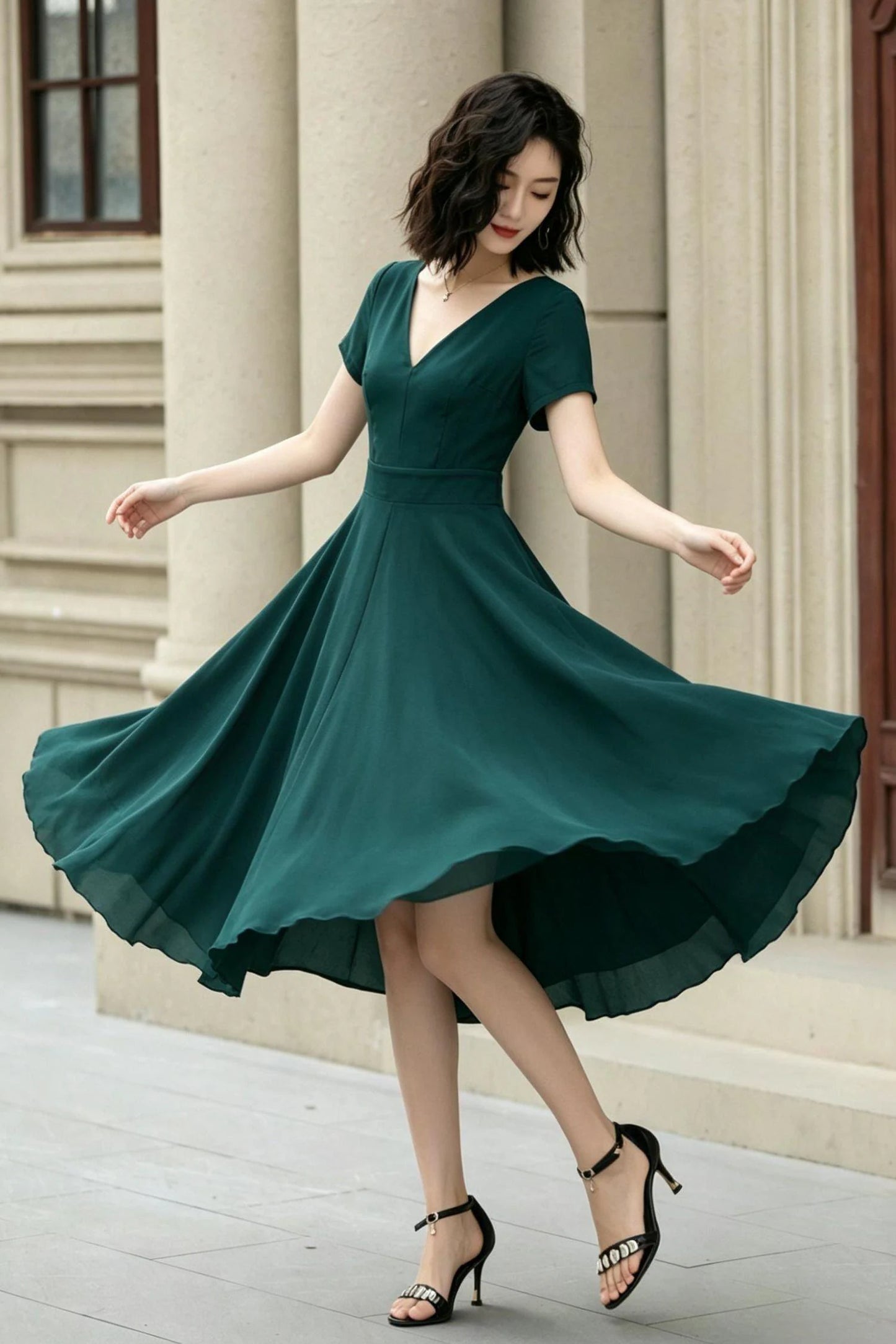 Green Chiffon Fit and Flare Dress with V-Neck and Short Sleeves Below Knee 6865