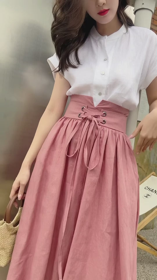 Blush Pink Linen Swing Skirt - High Waist with Pockets 4261