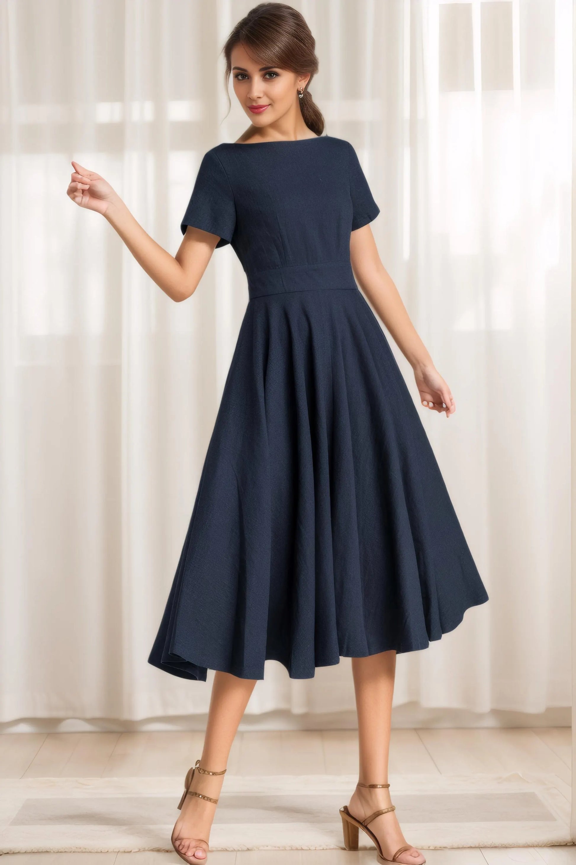 May include: A navy blue midi dress with a boat neck and short sleeves. The dress has a fitted bodice and a full skirt.