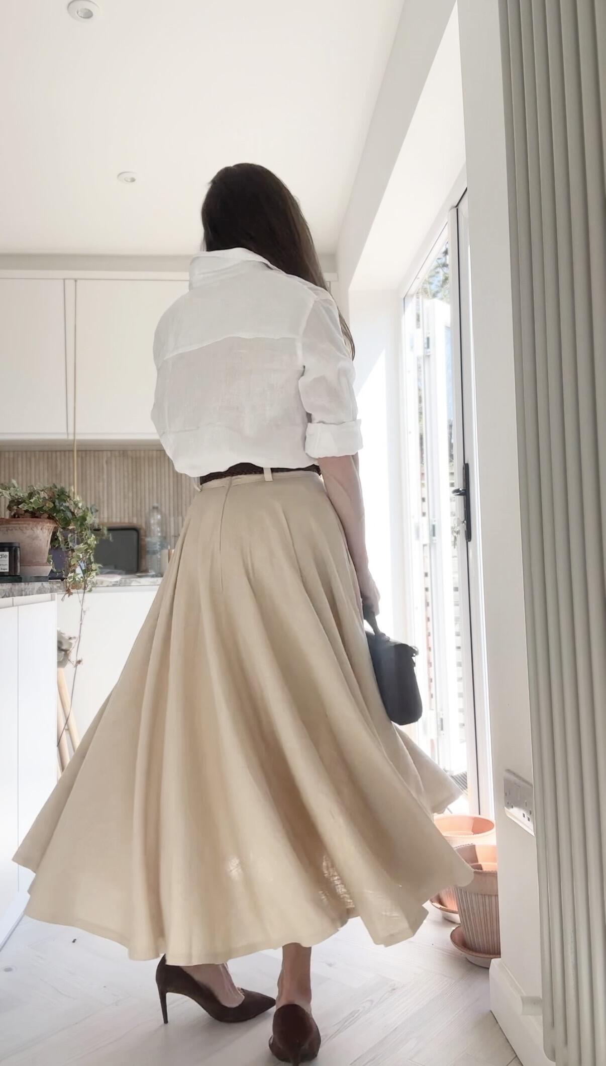 High Waist A-Line Skirt – Linen Cotton Circle Skirt with Pockets 6945
