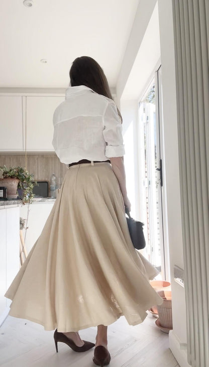 High Waist A-Line Skirt – Linen Cotton Circle Skirt with Pockets 6945