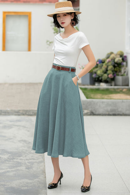 Brown Cotton Blend A-Line Midi Skirt - Flowy with Pockets 6047