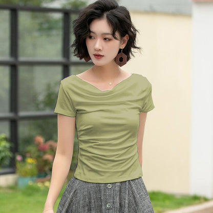 White Cotton Knit Top - Draped Neckline, Slim Fit 6057