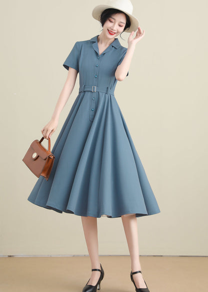 Blue Linen Cotton Shirtwaist Dress - Vintage Inspired, Below Knee Length 3277