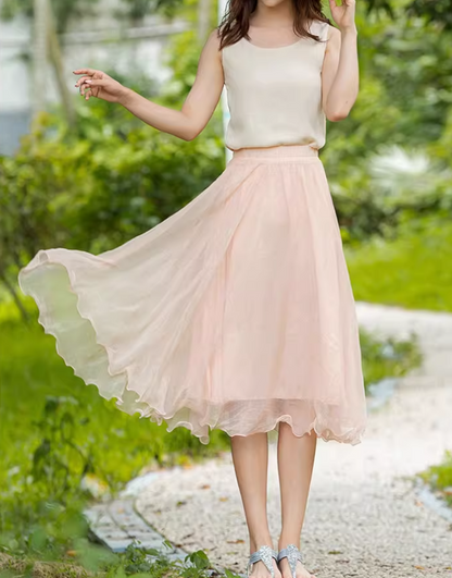 Midi elastic waist summer chiffon skirt 6187- Nude Pink