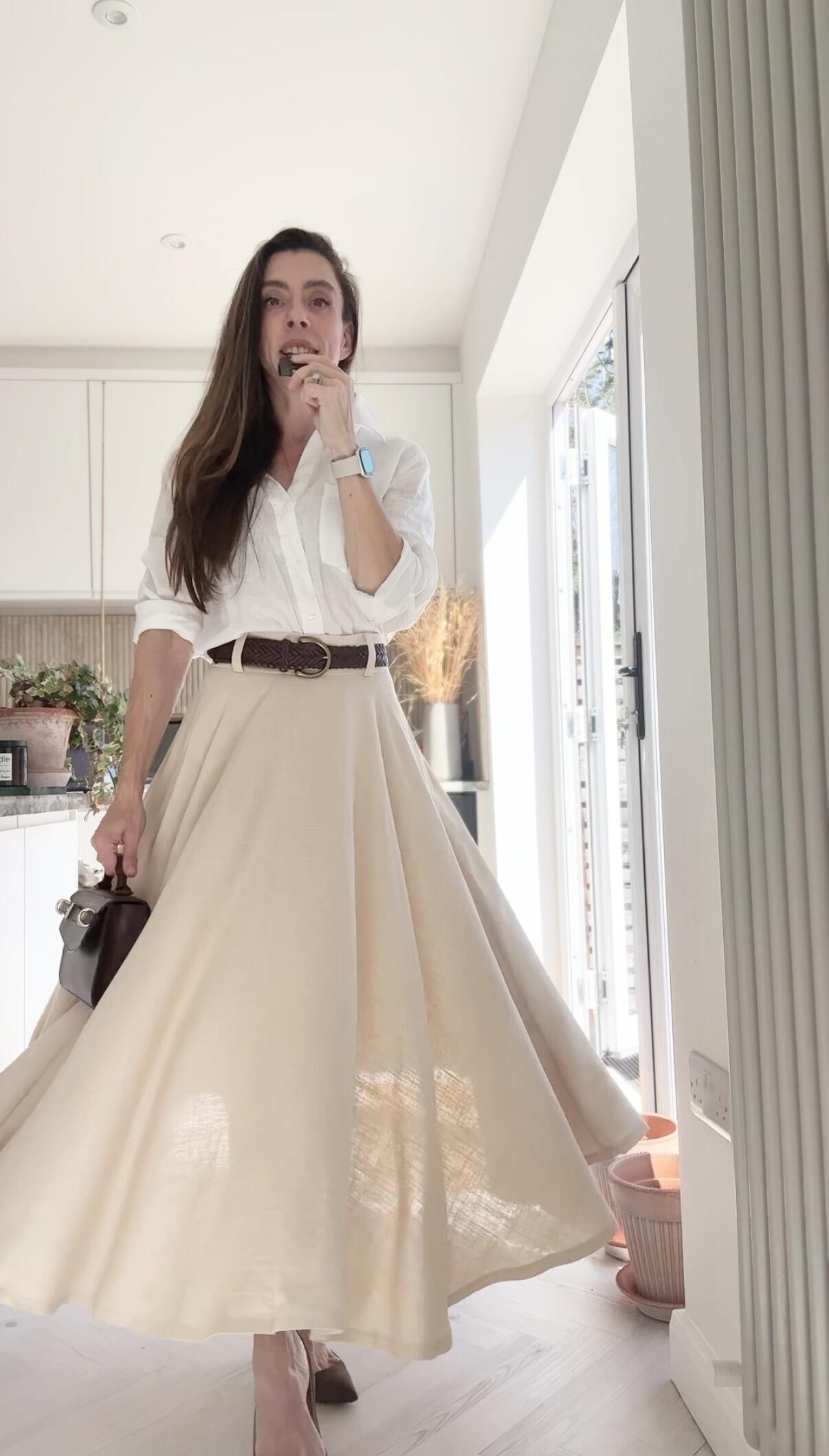 High Waist A-Line Skirt – Linen Cotton Circle Skirt with Pockets 6945