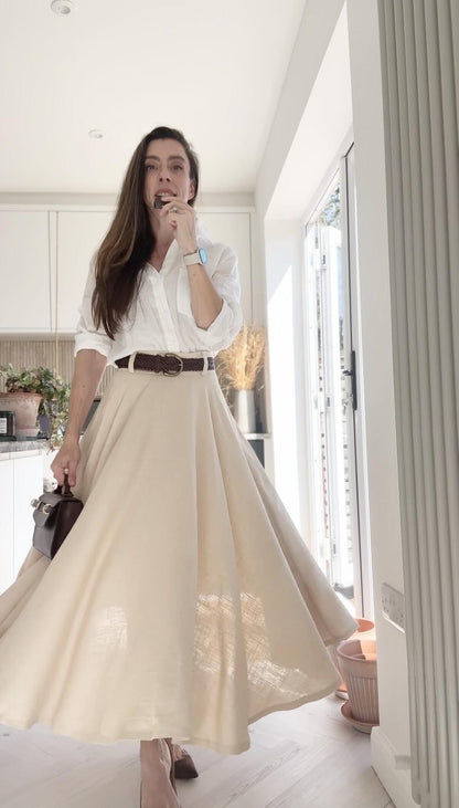 High Waist A-Line Skirt – Linen Cotton Circle Skirt with Pockets 6945