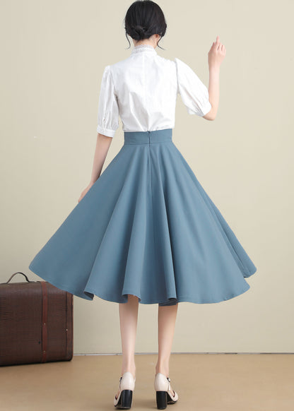 Vintage Blue Linen Skirt – High-Waisted Full Circle Midi – 3275