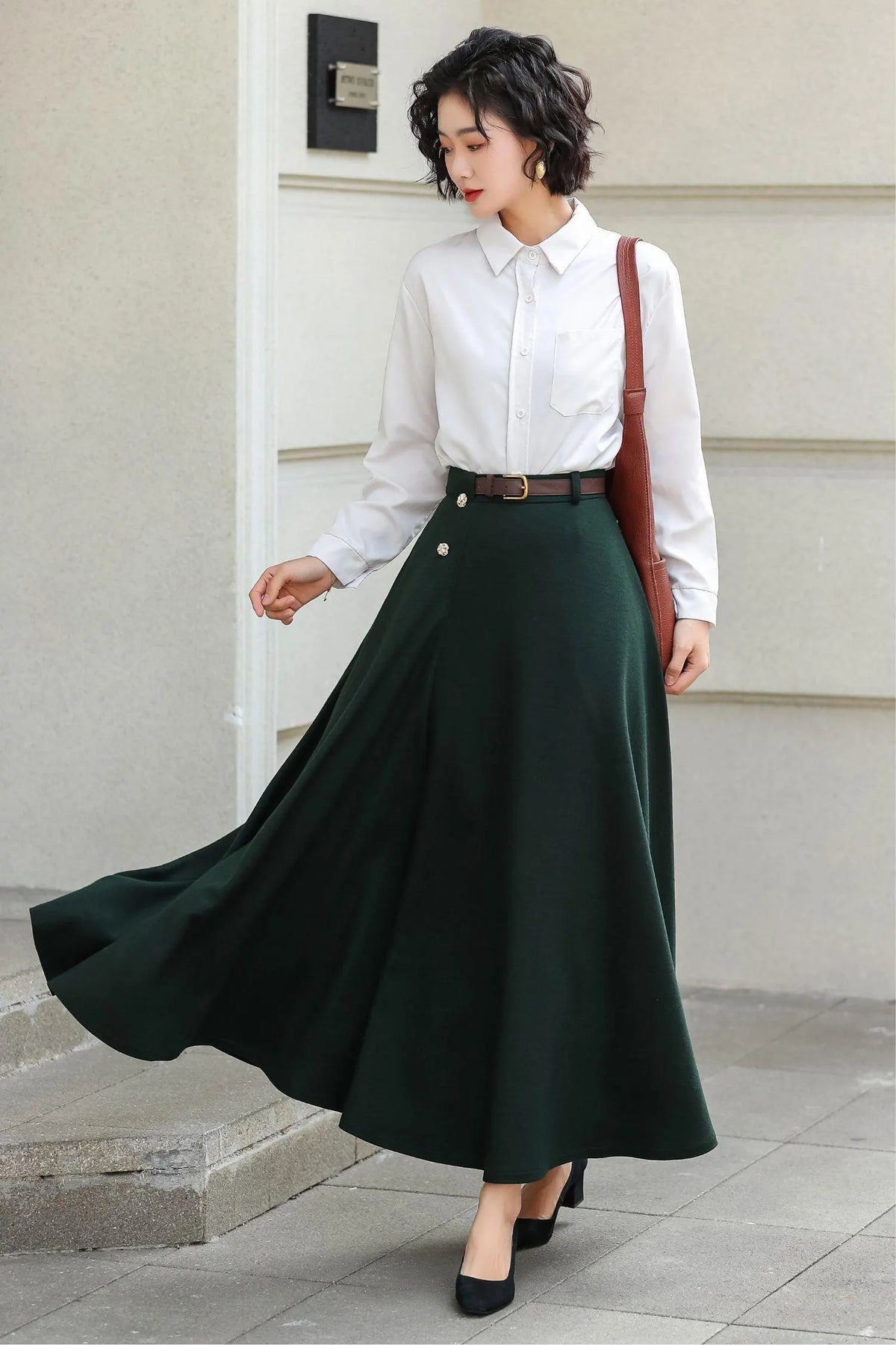 Green Wool A-Line Ankle-Length Skirt with Mid Waist 6976