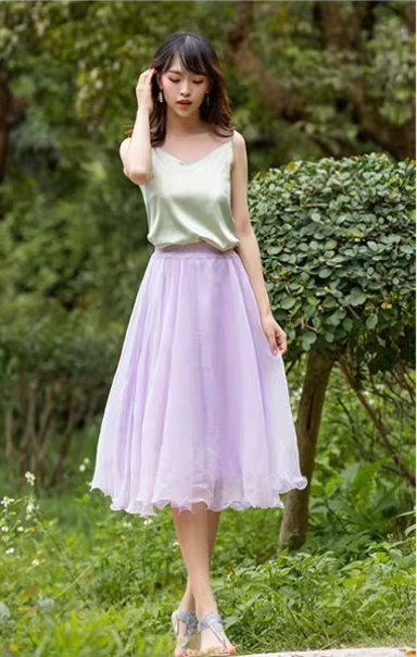 Elastic waist summer chiffon skirt 6187- light purple
