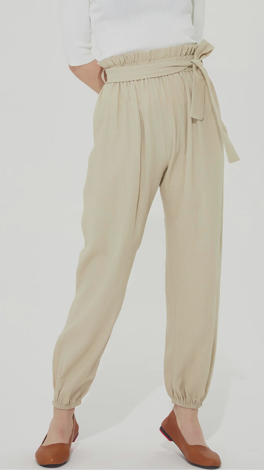 Beige Linen Pants - Elastic Waist with Pleated Detail 2129