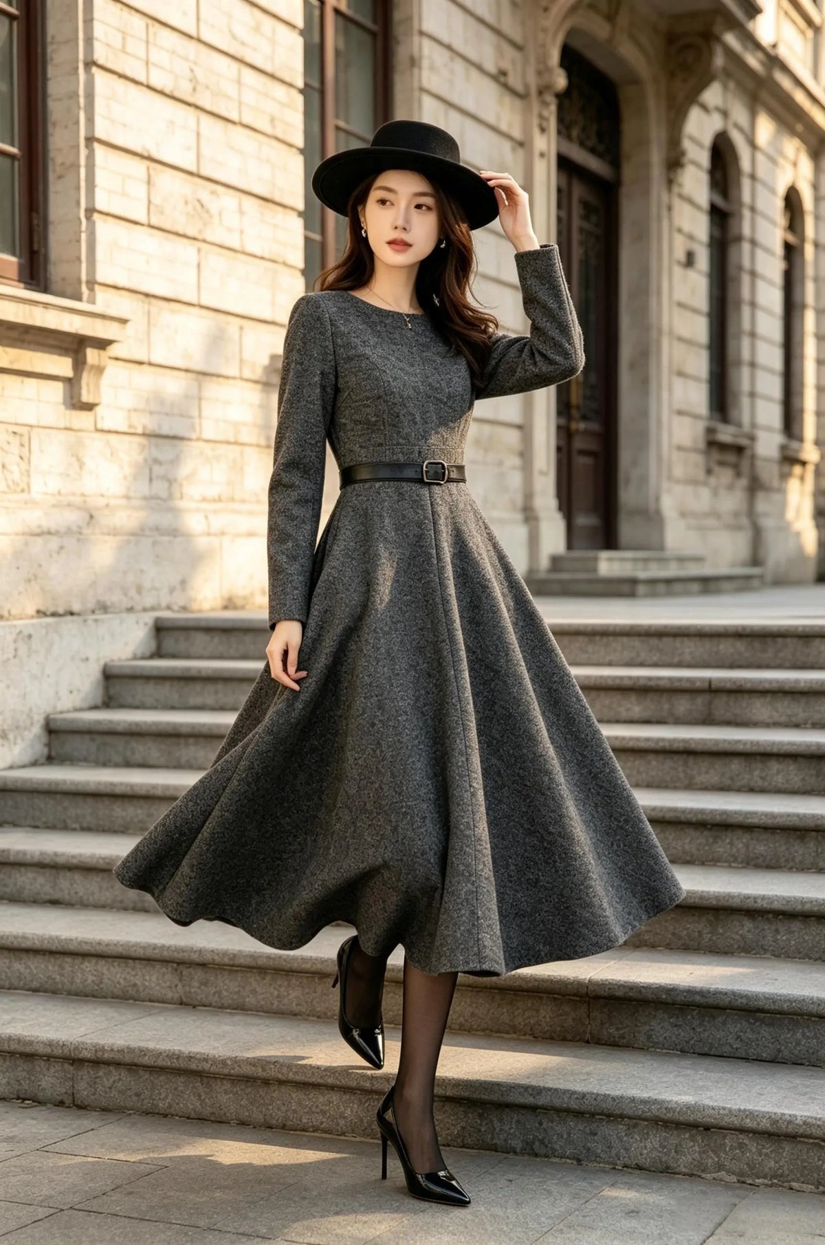 Gray Wool Blend Fit and Flare Dress with Belt Mid-Calf 6932