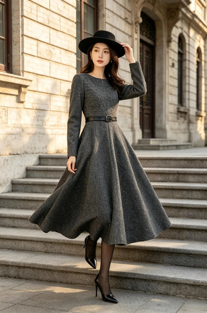 Gray Wool Blend Fit and Flare Dress with Belt Mid-Calf 6932
