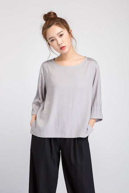 White Linen Blouse - Loose Fit with Boat Neckline 3352