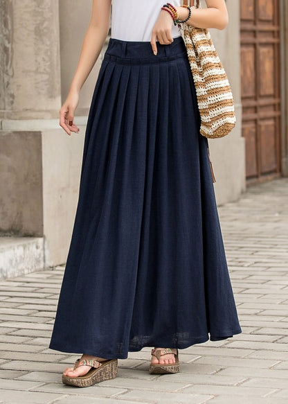 Blue Cotton Linen Maxi Skirt - High Waist Pleated Swing with Pockets 2847
