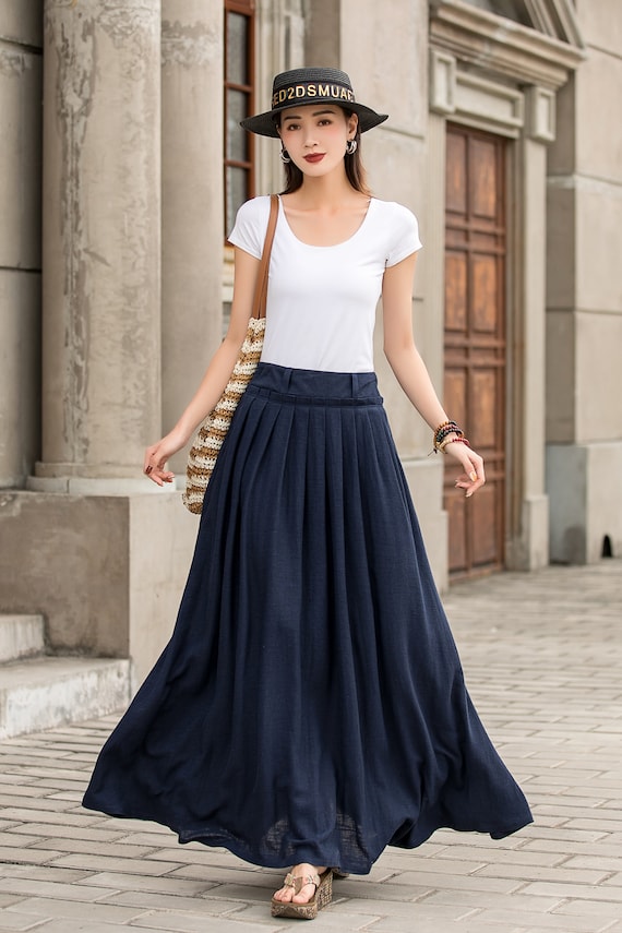 Blue Cotton Linen Maxi Skirt - High Waist Pleated Swing with Pockets 2847