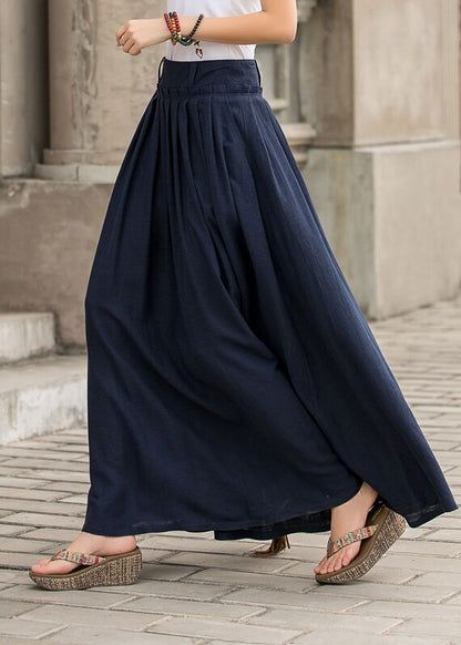 Blue Cotton Linen Maxi Skirt - High Waist Pleated Swing with Pockets 2847