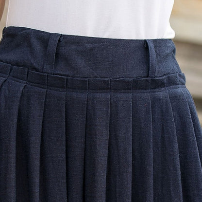Blue Cotton Linen Maxi Skirt - High Waist Pleated Swing with Pockets 2847