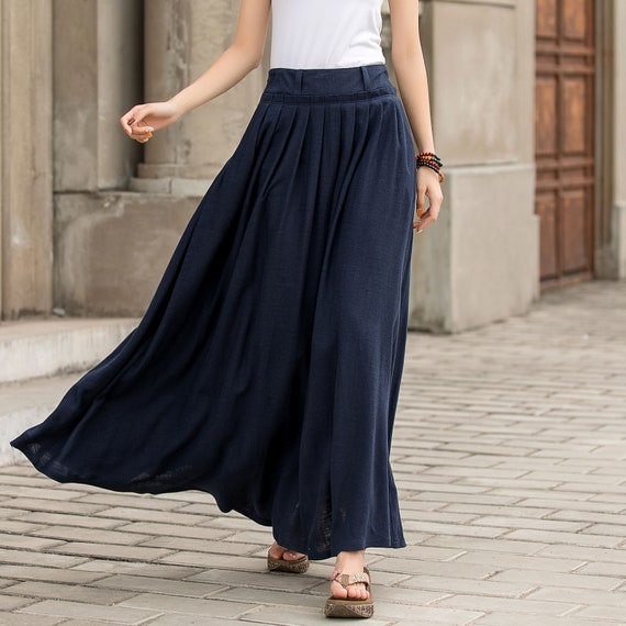 Blue Cotton Linen Maxi Skirt - High Waist Pleated Swing with Pockets 2847