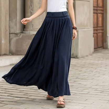 Blue Cotton Linen Maxi Skirt - High Waist Pleated Swing with Pockets 2847