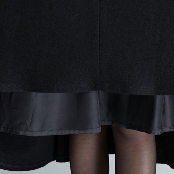 Black Wool Midi Dress - Pleated Fit and Flare with Boat Neck 1622