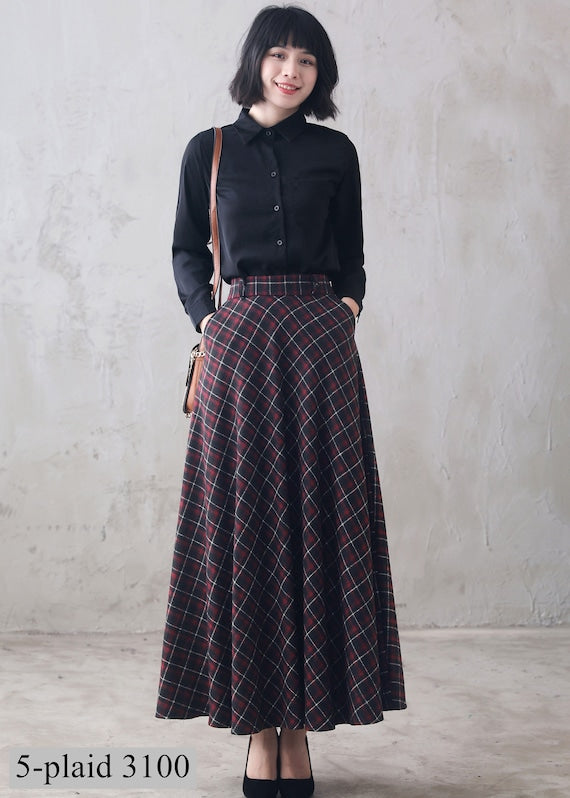 Plaid Wool Maxi Skirt - High Waist Flared A-Line Silhouette 6636