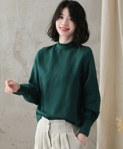 White Linen Blouse - Frill Mock Neck with Lantern Sleeves 3344
