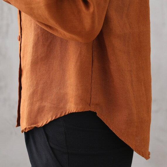 Caramel Linen Shirt - Peter Pan Collar, Long Sleeve Oversize Blouse 3343