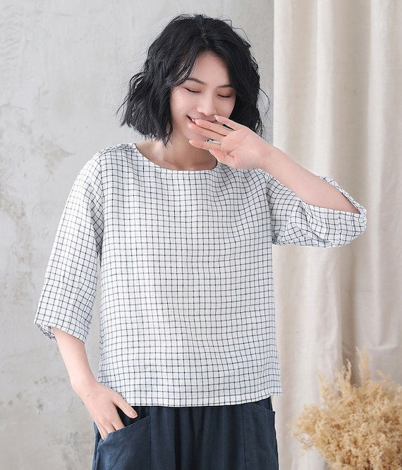 White Linen Blouse - Loose Fit with Boat Neckline 3352